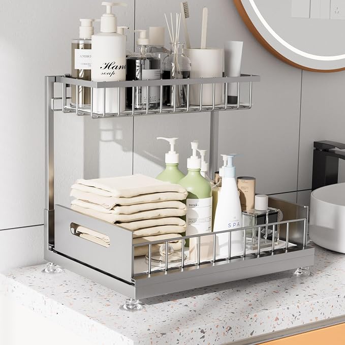Saydear L-Shaped Under Sink Organizer, 2-Tier Pull-out Cabinet Rack 1-Pack | Grey Height-Adjustable Steel Rack, Sliding Grid Drawers with PP Liners, Holds 100 Lbs, Suction Base, Ideal Kitchen Storage