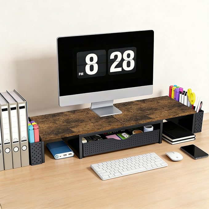 Spacrea Wood Dual Monitor Stand Riser with Drawer and 2 Pen Holders | Monitor Riser Desk Organizers and Accessories,Desk Accessories & Workspace Desktop Organizers for Office Supplies