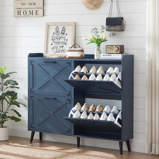 Barnyatoh Farmhouse Shoe Storage Cabinet,Shoe Organizer with 4 Flip Drawers | Freestanding Hidden Slim Narrow Shoe Rack Cabinet,Barn Door Design, Wood Shoes Organizer for Entryway,Foyer,Hallway,Navy Blue