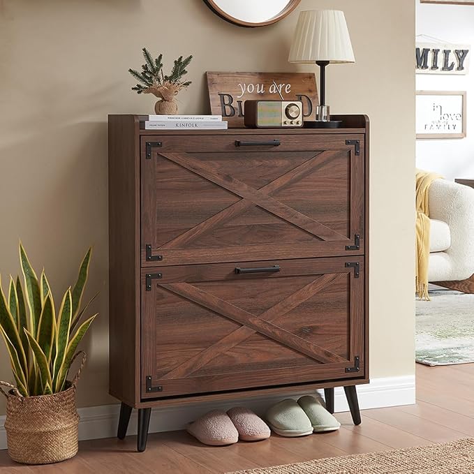 Barnyatoh Farmhouse Shoe Storage Cabinet with 2 Flip Drawers & Barn Door | Freestanding Hidden Slim Narrow Shoe Rack, Adjustable Shelves,Wood Shoes Organizer for Entryway, Foyer, Hallway,Walnut