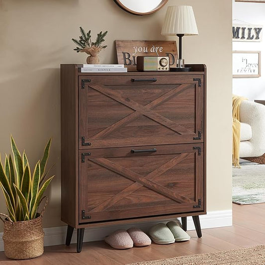 Barnyatoh Farmhouse Shoe Storage Cabinet with 2 Flip Drawers & Barn Door | Freestanding Hidden Slim Narrow Shoe Rack, Adjustable Shelves,Wood Shoes Organizer for Entryway, Foyer, Hallway,Walnut