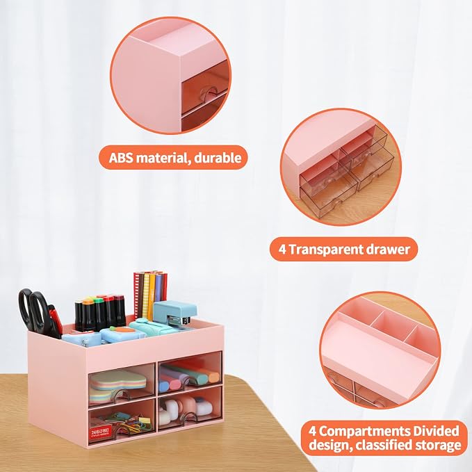 LETURE Office Desktop Organizer with Drawer, Desk Top Accessories Stationary Organizer Desk Caddy, Pen/Pencil/Business Card/Sticky Note Tray/Paperclip Holder Storage Box (Pink)