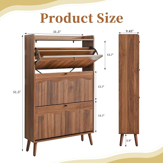 BERRYMERRY 51.2" Tall Shoe Storage Cabinet with 3 Flip Drawers for Entryway | narrow,entryway,adjustable feet,24 pairs shoe,shoe organize,hidden shoe rack,fluted panel,wave pattern,wood,space saving