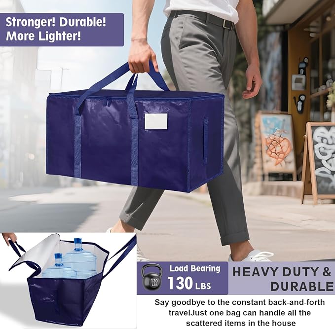 12 Pack-Extra Large Heavy Duty Moving Bags - Waterproof Storage Totes with Handles & Zippers, Foldable for College Dorm, Storage (Dark Blue)
