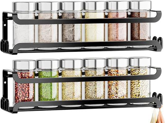 LUCYCAZ 2 Pack Wall Mounted Spice Rack for Spice Jars & Seasonings (Black) | 8 Metal Hooks, Space-Saving,Screw or Adhesive Spice Shelf Hanging,for Kitchen Cabinet,Pantry Door,RV,Camper Spice Orgnaizer