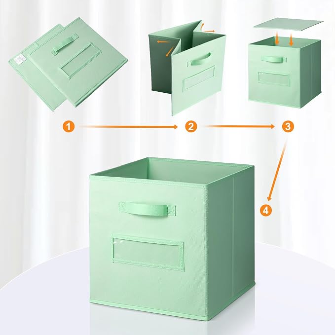 13x13x13 storage cube bins(Set of 8) Fabric storage cubes with 8 Labels Window Cards & a Pen, storage cubes 13x13, Collapsible 13 inch cube storage bins, Cubby Organizer Boxes, Grass Green