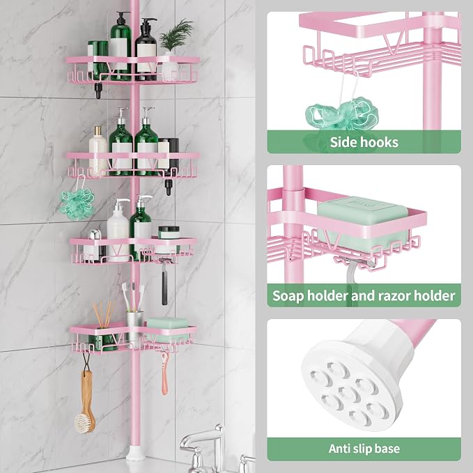 DAOYA Corner Shower Caddy Tension Pole - Corner Shower Organizer Pink Cute | Bathroom Shower Shelf for Shampoo, 25–114 Inch Shower Rack for Renter/Apartment, 4 Tier, Sturdy, Large Capacity, Save Space