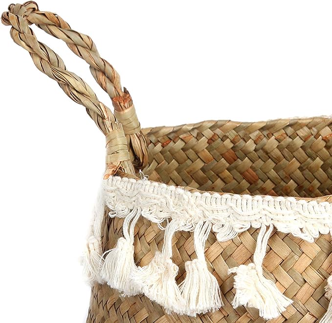 Tassel Macrame Woven Seagrass Belly Basket for Storage, Decoration, Laundry, Picnic, Plant Basin Cover, Groceries and Toy Storage (Medium, Tassel)