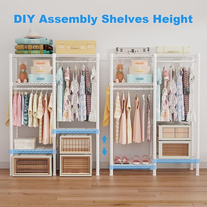 F1 Garment Rack for Kids, 4 Tiers Closet System Hold 410lbs, White | Clothing Rack for Baby and Children's Room, Small Freestanding Clothes Racks with 2 Hanger Rods, 31.2"W x 11.8"D x 48"H