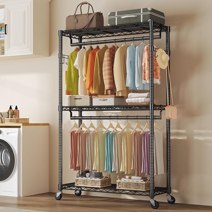 OLIXIS Rolling Clothes Rack, Heavy Duty Garment Rack, 47 IN, Black | Adjustable Closet Organizer for Hanging Clothes, Portable Closet with 2 Side Hooks