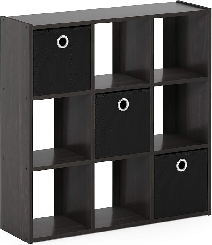 Furinno Simplistic 9-Cube Organizer with Bins, Small Size (Assembled unit dimensions : 7.9"D x 26.5"W x 26.7"H inches), Espresso/Black