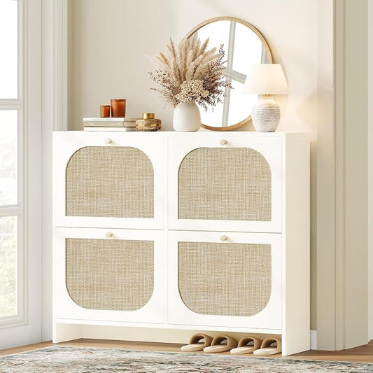 Nicetree Rattan Shoe Cabinet for Entryway, 9.5" Ultra-Thin Narrow Shoe Rack with 4 Flip Drawers, Boho Slim Shoe Storage Organizer with Adjustable Shelves, Anti-Tip Safety, Fits Size 13 Men's Boots