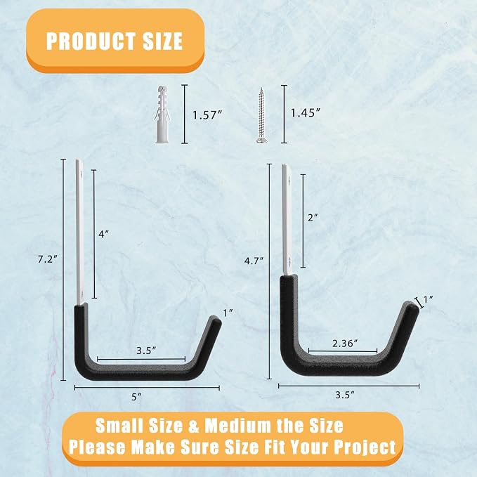 Heavy Duty Utility Hooks - Wall Mount for Garage Storage, Hose & Bike Hangers (2 Small & 2 Medium)