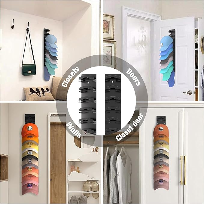 Hat Organizer for Baseball Caps, Hat Rack for Wall with Strong Adhesive Hold up to 10 Hats, Hat Hanger Holder Display for Door Closet, Cap Organizer Storage Multilayer Two Mounting Option(Black)
