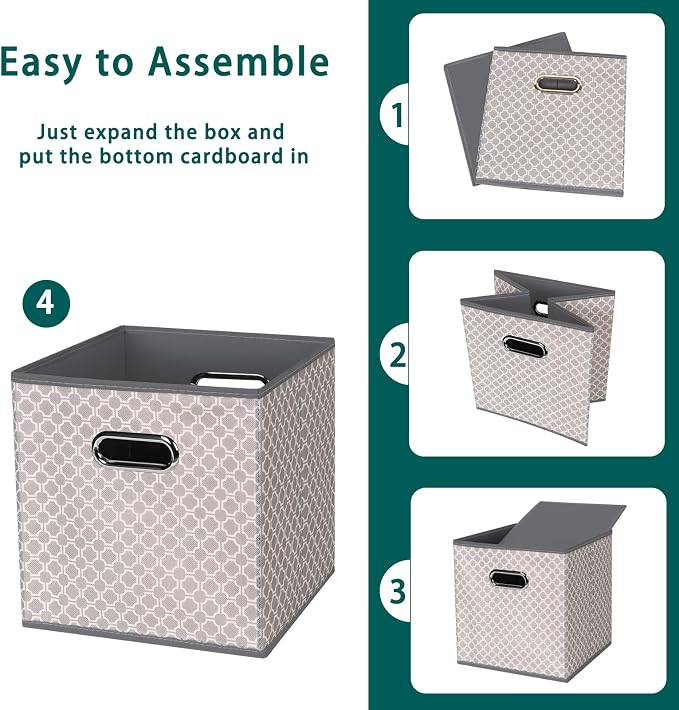 Black Foldable Storage Cubes Bins, Fabric Storage Box Cubes Organizer Baskets with Dual Handles for Home Organizer,Set of 3,(Grey Light)