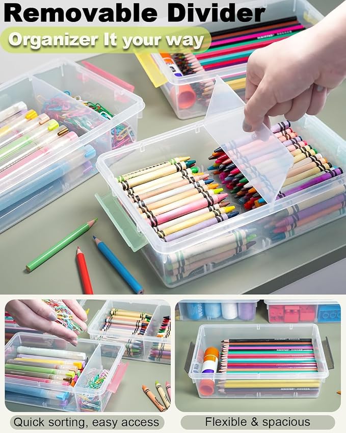 6 Pack Extra Large Pencil Box with Removable Divider, Thickened Pencil Case Bulk, Clear Crayon Marker Organizer Stackable Plastic Small Storage Containers for Pen Craft School Supplies (Multi)