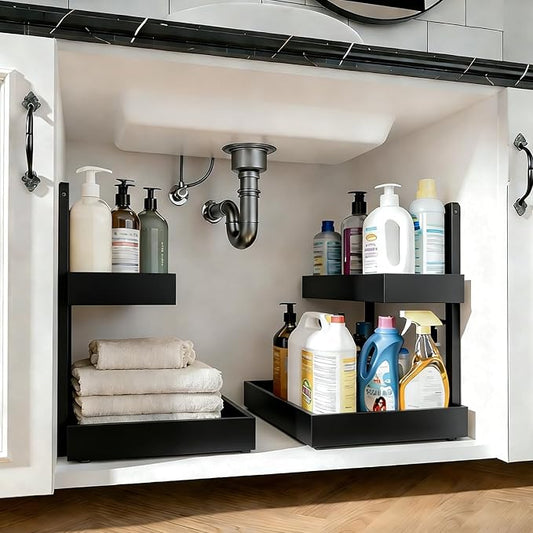 Bamboo Undersink Organizer Storage - 2-Tier Cabinet Shelf with Adjustable Levels, Under Sink Storage Slide Out for Cabinet Pantry Kitchen Bathroom (Black, 2 Packs)