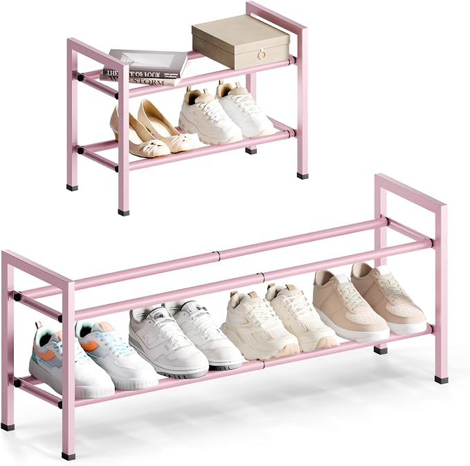 Bumusty 2 Tier Expandable Shoe Rack for Closet, Pink | 18"-33" Adjustable Shoe Rack for Entryway, Small Shoe Organizer for Dorm, Front Door, Sturdy Metal