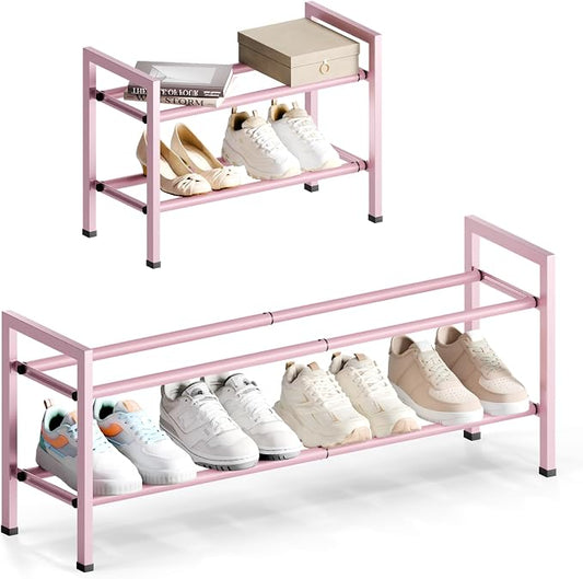 Bumusty 2 Tier Expandable Shoe Rack for Closet, Pink | 18"-33" Adjustable Shoe Rack for Entryway, Small Shoe Organizer for Dorm, Front Door, Sturdy Metal