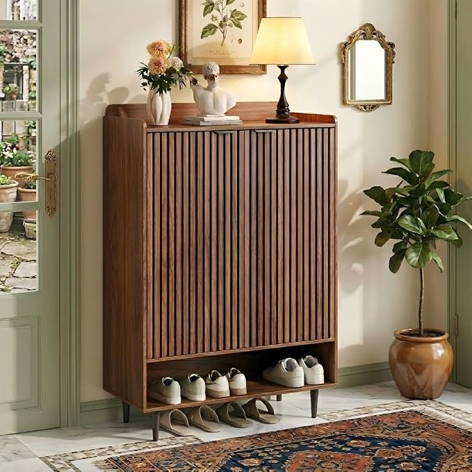 Shoe Cabinet with 2 Doors for Entryway, 21 Pairs Wooden Shoe Storage Cabinet with Adjustable Shelves, Farmhouse Hidden Shoe Organizer for Hallway & Mudroom, Slim Freestanding Shoe Cabinet, Walnut