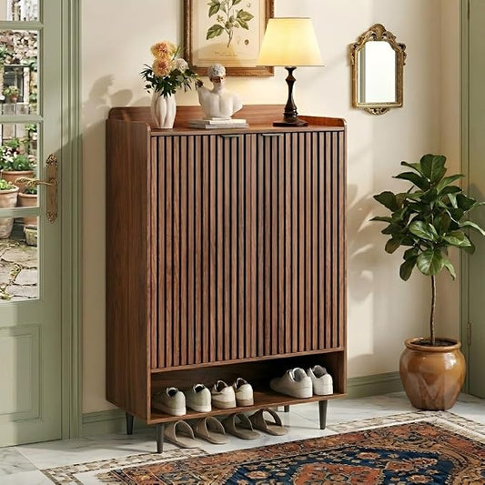 Shoe Cabinet with 2 Doors for Entryway, 21 Pairs Wooden Shoe Storage Cabinet with Adjustable Shelves, Farmhouse Hidden Shoe Organizer for Hallway & Mudroom, Slim Freestanding Shoe Cabinet, Walnut