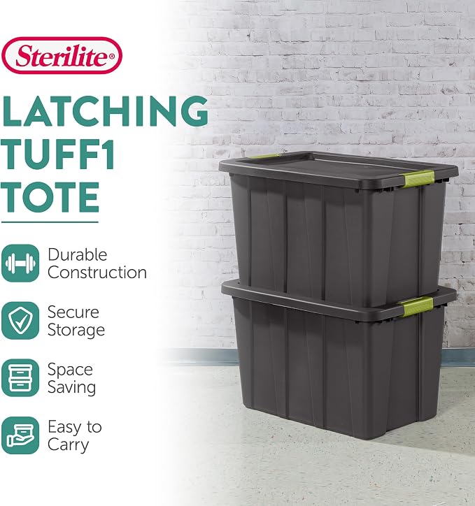 Sterilite Tote, Plastic Storage Bins with Snap Lids, 30 Gallon, 4-Pack | Flat Gray, Large Plastic Storage Bins - Heavy-Duty Stackable Organizer Boxes for Home, Office, Basement, Closet, & Garage