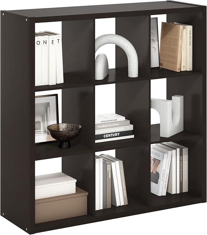 9-Cube Cubicle Bookshelf, Cube Bookcase with Open Back, Reversible Book Shelf, Cube Storage Organizer, 15 x 44 x 44, for Living Room, Home Office, Dark Oak