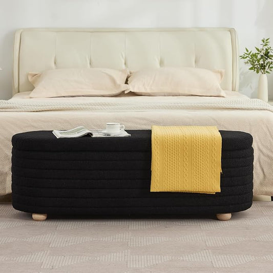 53" Storage Bench Teddy Ottoman Bench Upholstered Fabric Bench End of Bed Stool with Safety Hinge for Bedroom, Living Room, Entryway, Black
