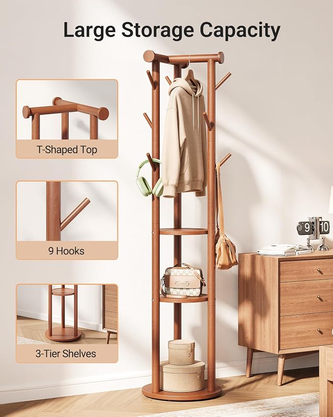 Pipishell Solid Wood Freestanding Coat Rack with 5 Wheels, 9 Hooks, Shelves | 100% pine wood, 5 smooth-rolling wheels, 3-tier storage shelves, thickened base, T-shaped top for balance, CARB-certified
