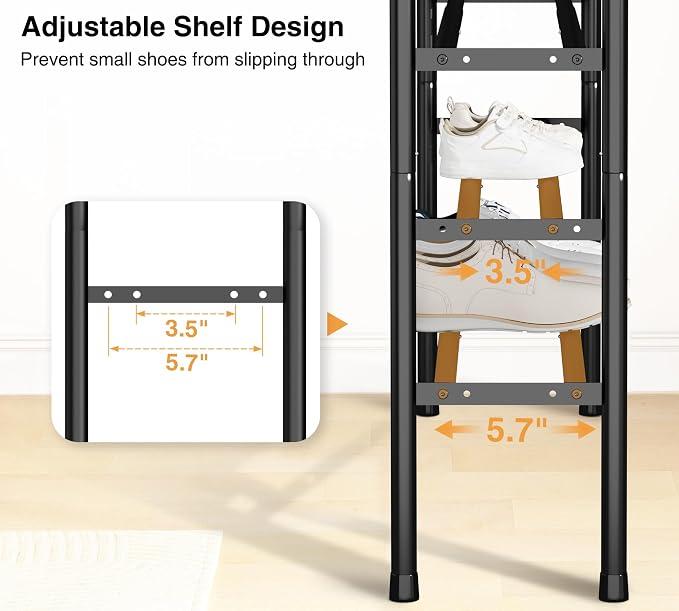 STO STO Long Expandable Shoe Rack 3-Tier, Adjustable Length 33.7”–47.5” Shoe Organizer, Metal Shoes Storage Shelf, Holds Up to 24 Pairs, Non-Slip Feet, for Closet, Entryway, Hallway, Front Door, Black
