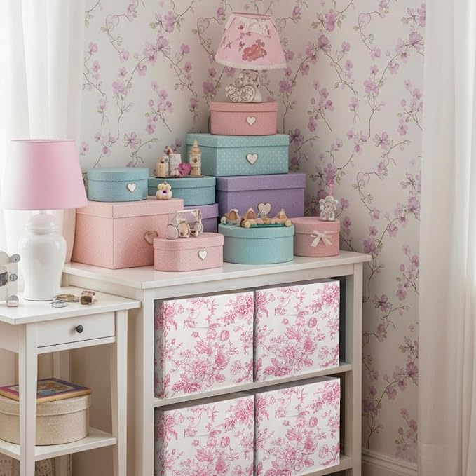 6 Pcs Pink Floral Cube Storage Bins 11 Inch Pink Flower Storage Basket with Handle, Preppy Girls Organizer Basket, Collapsible Fabric Box for Classroom Bedrooms Office Home Decoration Gift