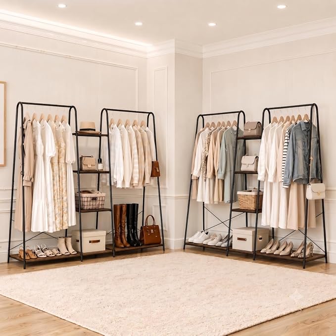 Finnhomy Clothes Rack for Hanging Clothes Freestanding Clothing Rack with 6 Wood Storage Shelves & 2 Rods Heavy Duty Garment Rack Portable Wardrobe Closet Organizer for Bedroom Closet Boutique,Rustic
