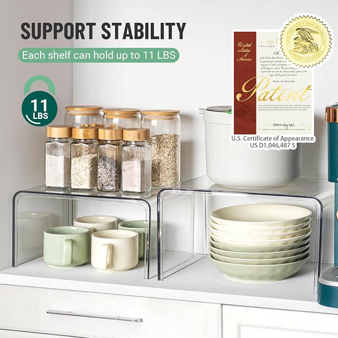 Bobomoment Clear Cabinet Organizer, Stackable Shelf Organizer Set of 2 | Kitchen Pantry Organizers and Storage, Display Cabinet Shelf Countertop Desk Shelves, Patented Spice Organization