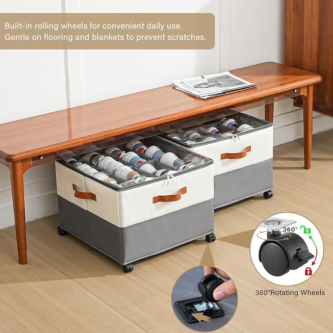 INSTY 2 Pack Shoe Organizer for Closet,Shoe Storage Organizer with Wheels, Fits up to 32 Pairs,Adjustable Dividers,Fabric Shoe Storage Bins with Clear Cover,Beige and Grey