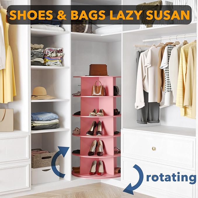 SpaceAid 5 Tier Rotating Shoe Rack Tower, Spinning Shoe Display Lazy Susan, Revolving 360 Shoe Rack Storage Round Carousel, Vertical Handbag Rotate Shoes Closet Organization (5-Tier Pink)
