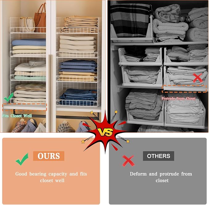 Yociyoga 4 Tier Stackable Closet Organizers and Storage Shelves, Foldable Closet Shelf Organizer System, Stackable Storage Bins Drawers for Clothes Organizer System, White（Patent No. 30022416）