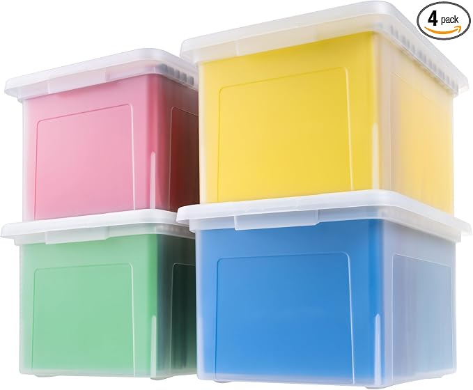 IRIS USA File Box, Plastic File Organizer with Lids for Letter/Legal File, Portable Document Box For Moving, Storage Bin with Durable and Secure Lid, Stackable Nestable BPA-Free, Clear 35 Qt. 4 Pack | Portable Moving Box, Stackable and Secure Storage, ...