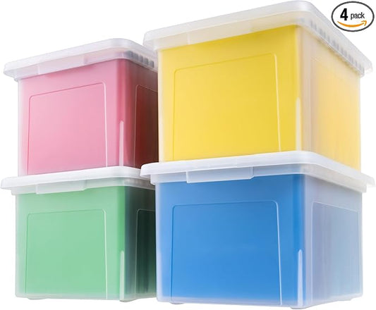 IRIS USA File Box, Plastic File Organizer with Lids for Letter/Legal File, Portable Document Box For Moving, Storage Bin with Durable and Secure Lid, Stackable Nestable BPA-Free, Clear 35 Qt. 4 Pack | Portable Moving Box, Stackable and Secure Storage, ...