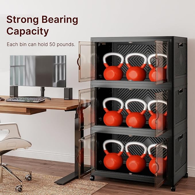 UAMFURI Stackable Storage Bins, 1050QT Collapsible Drawers with 2 Lids | Large Capacity, Magnetic Door, Stack Lock, Rolling Wheels, Foldable Design, Organizers and Storage for Bedroom Dorm Garage