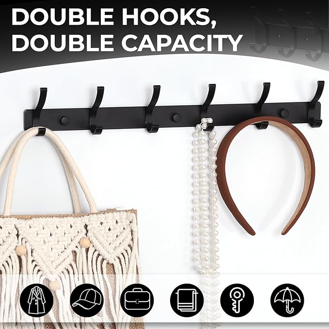 Wall Mount Coat Rack 2 Pack, Black Coat Hooks Hanger with 6 Double Hooks | Zinc Alloy, Smooth Hook Edges, Screw Installation, Double Hooks，Greater Storage Space for Hanging Robes, Clothes, Bags, Hat