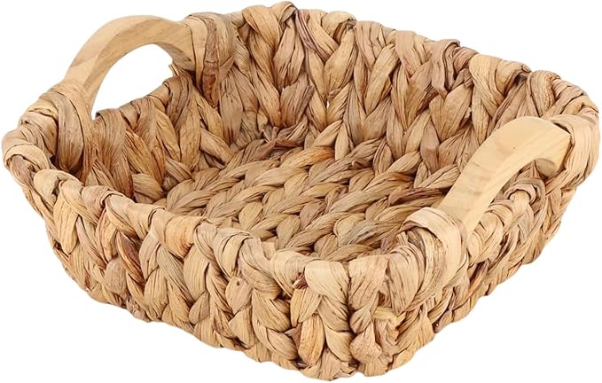 Square Small Water Hyacinth Wicker Basket for Organizing | Decor Woven Storage with Wooden Handles, Perfect for Shelves, Snack, Countertops or as Gift Basket