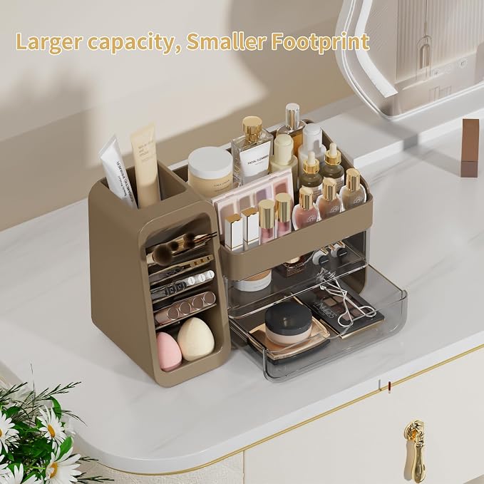 Countertop Makeup Skincare Organizer with Adjustable Brush Holder, Taupe | Extra Thick Plastic, Clear Drawers, Large Bathroom Vanity Counter Organizer, Cosmetic Storage for Perfume, Lipstick, Palettes