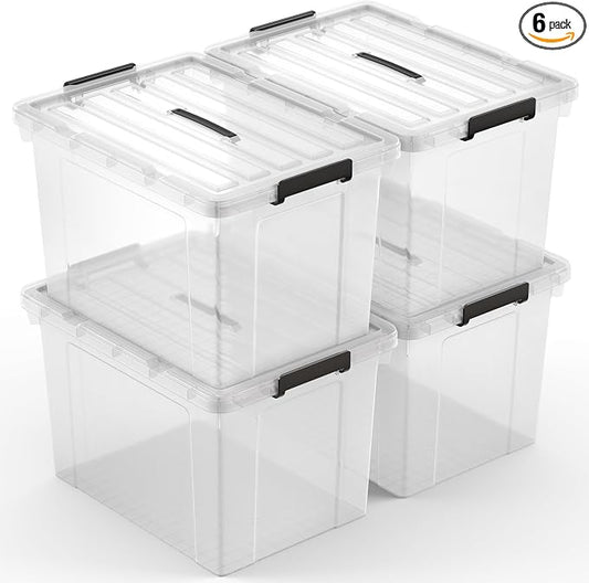 Lifetime Appliance Parts 4 PACK 91 Qt. Plastic Storage Bin Tote Organizing Container with Ultra Durable Lid & Secure Latching Buckles Stackable Extra Strength Clear w/Black Handle