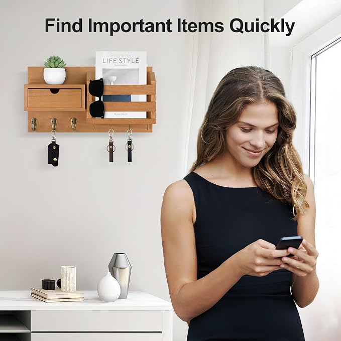Lwenki Wall Mount Key Holder with Mail Organizer, 100% Paulownia Wood, 7 Metal Hooks, Storage Drawer, Entryway Home Decor