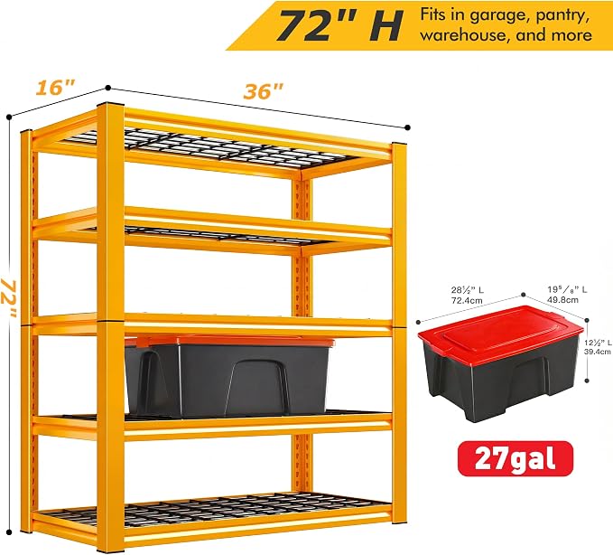 REIBII Garage Shelving 3200LBS Load Heavy Duty Storage Shelves for Basement | 72" H x 36" W x 16" D, Adjustable Metal Shelf, Multi-Use Mesh Panel, 5-Tier Orange Utility Rack for Pantry, Warehouse, Office