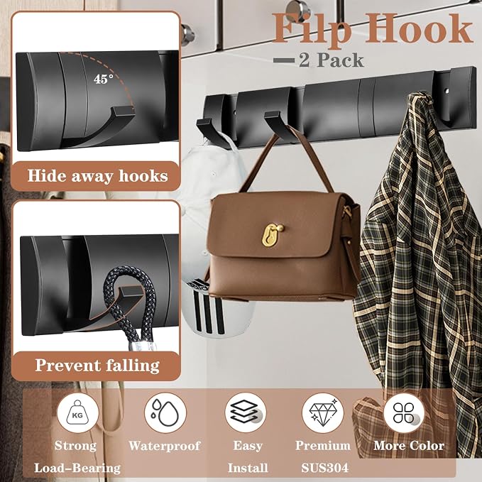 Folding Coat Hooks, Wall Mounted Coat Rack with 8 Retractable Hooks, Heavy Duty Towel Rack for Bathroom Wall Hook for Hanging Clothes Bathrobe, Stainless Steel Coat Hanger for Entryway(Black)
