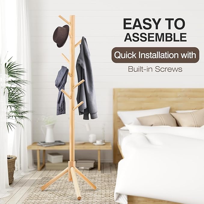 WANGMUXIA Freestanding Coat Rack | Coat Rack with 8 Hooks and 3 Adjustable Size Tree for Bedroom, Hallway, Entrance, Office, for Hats, Coats, Scarves, Handbags