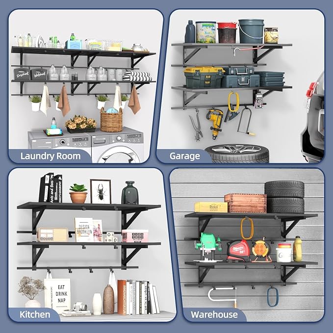 2-Pack 2x4ft Garage Shelving Wall Mounted, 500LBS with 12 Hooks | Garage Storage Shelves, Floating Design, Heavy Duty, Large Capacity, Sturdy Construction, Space Saving, Easy Install