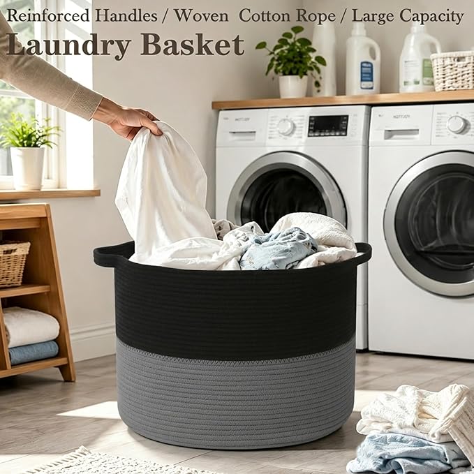 90L Extra Large Blanket Basket,Woven Laundry Basket-Black&Dark Grey | Collapsible, reinforced handles, nursery storage bin organizes clothes, toys and pillows for living room, bedroom bathroom