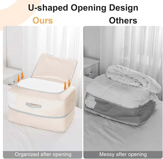 Comforter Storage Bag - 110L Large Capacity Blanket Storage Bags 2-Layer Ultra Space Saving Self Compression Organizer, Washable Compression Bags for Storage Comforter Blanket, 4-Pack, Beige